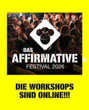 SharePic zum Affirmative-Festival 2026 mit dem Slogan: Die Workshops sind online!
